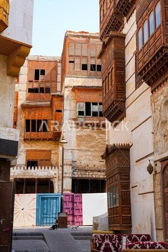 Traditional Hejazi building characterized by mashrabiya screens and wooden balconies in Al-Balad, the Old Town of Jeddah, Saudi Arabia