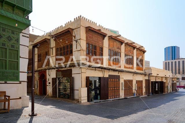 Traditional Hejazi building characterized by mashrabiya screens and wooden balconies in Al-Balad, the Old Town of Jeddah, Saudi Arabia Traditional Hejazi building characterized by mashrabiya screens and wooden balconies in Al-Balad, the Old Town of Jeddah, Saudi Arabia