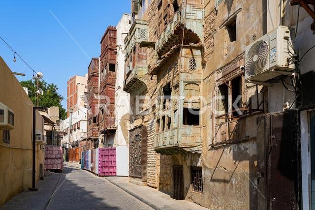 Traditional wooden Roshan balconies in the historic Al-Balad district, the Old Town of Jeddah, Saudi Arabia