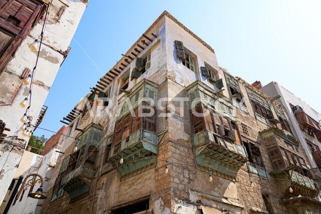 Traditional wooden Roshan balconies in the historic Al-Balad district, the Old Town of Jeddah, Saudi Arabia