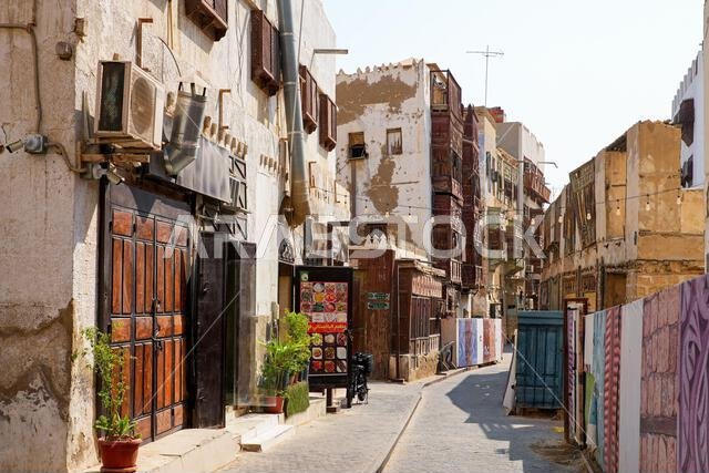 Traditional Hejazi building characterized by mashrabiya screens and wooden balconies in Al-Balad, the Old Town of Jeddah, Saudi Arabia