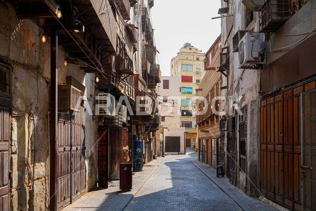 Traditional Hejazi building characterized by mashrabiya screens and wooden balconies in Al-Balad, the Old Town of Jeddah, Saudi Arabia