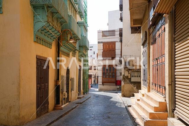 Traditional Hejazi building characterized by mashrabiya screens and wooden balconies in Al-Balad, the Old Town of Jeddah, Saudi Arabia Traditional Hejazi building characterized by mashrabiya screens and wooden balconies in Al-Balad, the Old Town of Jeddah, Saudi Arabia