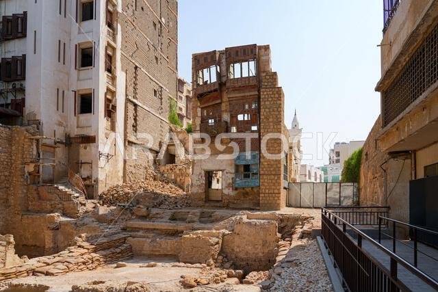 Dilapidated historic building and coral stone ruins in Al-Balad, the Old Town of Jeddah, Saudi Arabia