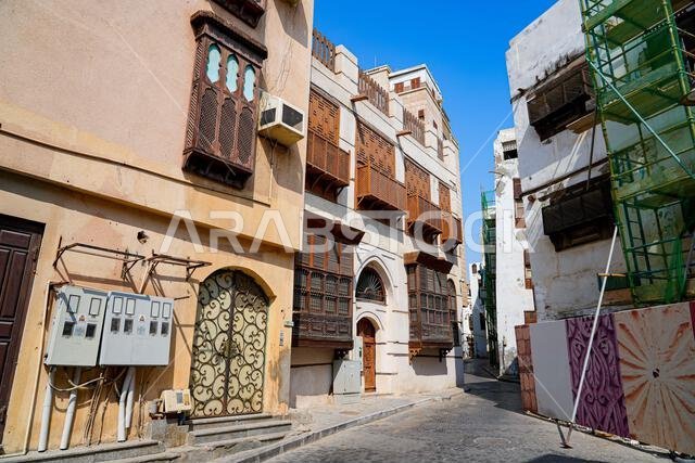 Traditional Hejazi building characterized by mashrabiya screens and wooden balconies in Al-Balad, the Old Town of Jeddah, Saudi Arabia