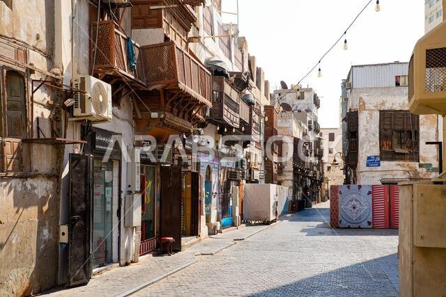 Traditional Hejazi building characterized by mashrabiya screens and wooden balconies in Al-Balad, the Old Town of Jeddah, Saudi Arabia