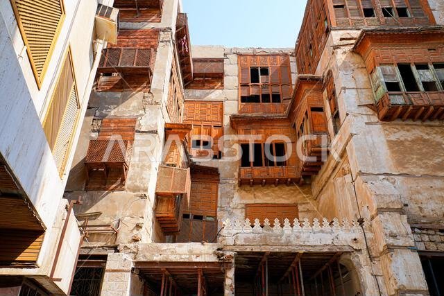 Traditional wooden Roshan balconies in the historic Al-Balad district, the Old Town of Jeddah, Saudi Arabia