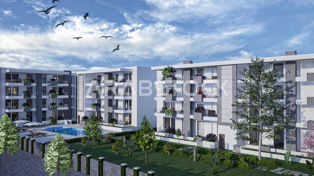 مخطط ثلاثي الابعاد لمجمع سكني فاخر, كومباوند, عمائر سكنيه, تصميم معماري هندسي حديث, الهندسه المعماريه في المملكه العربيه السعوديه