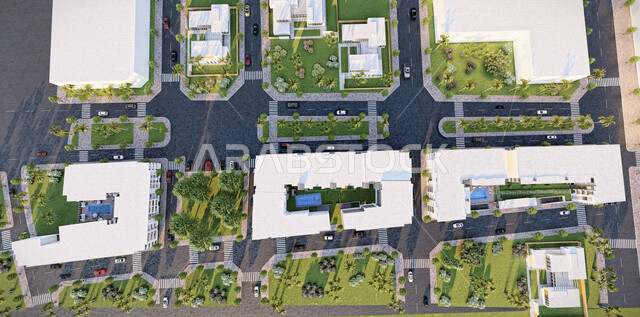 مخطط ثلاثي الابعاد لمجمع سكني فاخر, كومباوند, عمائر سكنيه, تصميم معماري هندسي حديث, الهندسه المعماريه في المملكه العربيه السعوديه