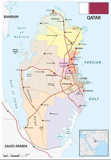 Map of the West Asian state of Qatar