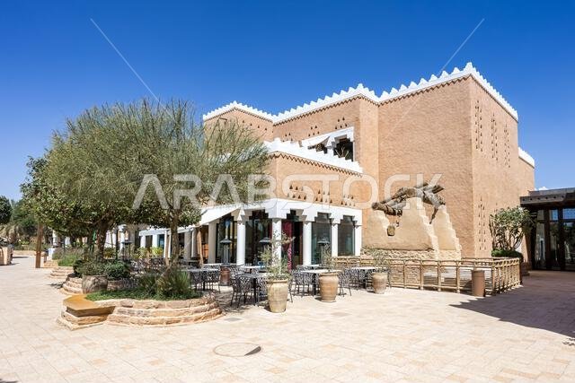 Riyadh restaurants at Al Bujairi terrace in the historic district of At-Turaif UNESCO World Heritage site architecture in Riyadh, Saudi Arabia