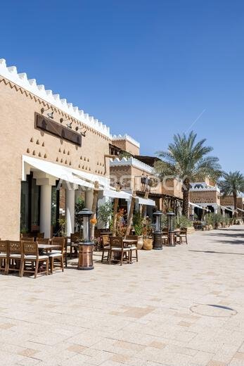 Riyadh restaurants at Al Bujairi terrace in the historic district of At-Turaif UNESCO World Heritage site architecture in Riyadh, Saudi Arabia