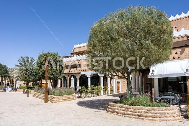 Riyadh restaurants at Al Bujairi terrace in the historic district of At-Turaif UNESCO World Heritage site architecture in Riyadh, Saudi Arabia