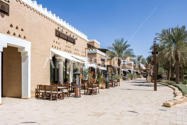 Riyadh restaurants at Al Bujairi terrace in the historic district of At-Turaif UNESCO World Heritage site architecture in Riyadh, Saudi Arabia