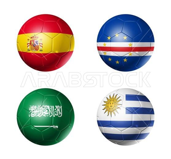كرات قدم عليها أعلام فرق المجموعة H، بطولة كرة القدم 2026. رسم توضيحي ثلاثي الأبعاد معزول على خلفية بيضاء