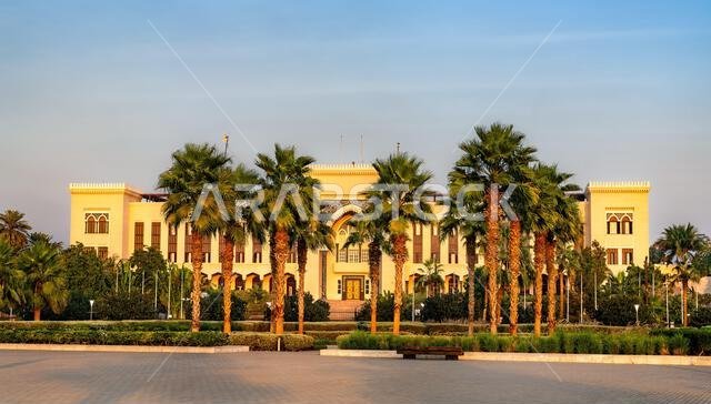 Exterior view of the Ministry of Foreign Affairs building surrounded by palm trees and gardens in Jeddah, Saudi Arabia Exterior view of the Ministry of Foreign Affairs building surrounded by palm trees and gardens in Jeddah, Saudi Arabia