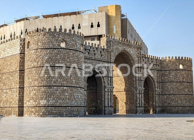 Jeddah, Saudi Arabia, April 1, 2024. View of Bab Makkah,  the historic gateway for pilgrims travelling to Mecca, on a sunny day.