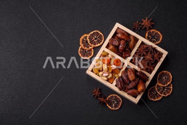 Dried dates on a ceramic plate for Ramadan or Iftar. Dried dates as a food background for your design