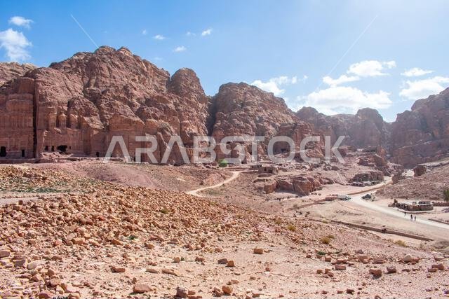 Petra Jordan Aerial view on Ruins of old Ancient City and Huge Rock Formations. Caves and Tombs, One of the Seven Wonders of the World