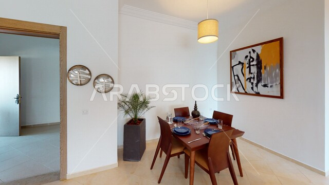 صورة لغرفة الطعام في شقة سكنية بتصاميم عصرية و جذابة ، ديكورات داخلية رائعة ، ديكور منزلي راقي ، تصاميم فخمة و جميلة ، شقق سكنية سياحية ، أوتيل ، فنادق فاخرة