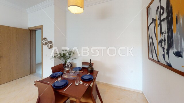 صورة لغرفة الطعام في شقة سكنية بتصاميم عصرية و جذابة ، ديكورات داخلية رائعة ، ديكور منزلي راقي ، تصاميم فخمة و جميلة ، شقق سكنية سياحية ، أوتيل ، فنادق فاخرة