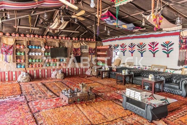 JUBBAH, SAUDI ARABIA - NOVEMBER 3, 2021: Cafe in bedouin tent style in Jubbah, Saudi Arabia