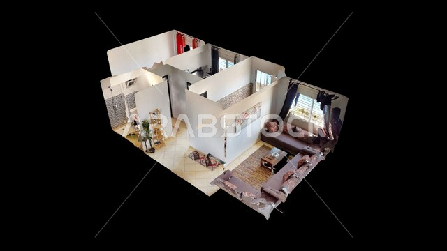 An image of an architectural design for a residential apartment, architectural art, distinctive and attractive engineering design, wonderful interior decorations, high-end home decor, luxurious and beautiful designs, tourist apartments, black background