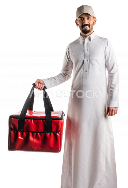 بورتريه لرجل عربي سعودي خليجي يقوم بتوصيل الطلبات, التوصيل السريع, طلبات الدليفري, خدمات التوصيل المنزلي, الطلب عبر الإنترنت, خدمات توصيل الطعام, طلبات الأونلاين, خلفيه بيضاء