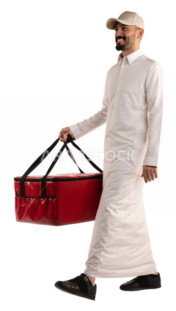 Portrait of a Saudi Arabian Gulf man delivering orders, express delivery, delivery orders, home delivery services, online ordering, food delivery services, online orders, white background