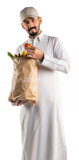 Portrait of a Saudi Arabian Gulf man delivering orders, express delivery, delivery orders, home delivery services, online ordering, food delivery services, online orders, white background