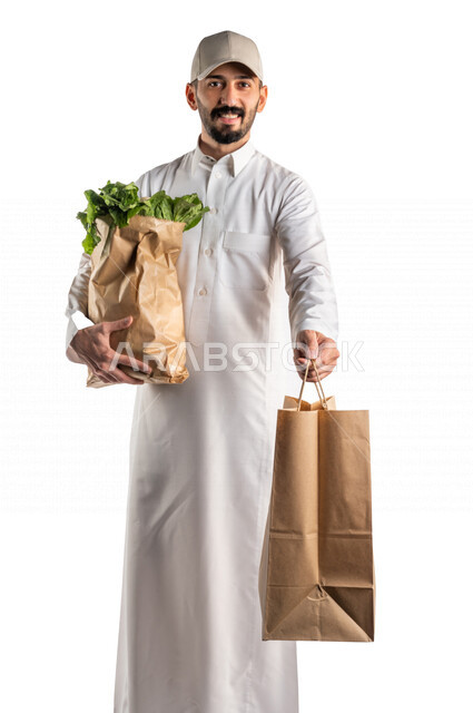Portrait of a Saudi Arabian Gulf man delivering orders, express delivery, delivery orders, home delivery services, online ordering, food delivery services, online orders, white background