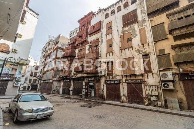 JEDDAH, SAUDI ARABIA - NOVEMBER 15, 2021: Traditional houses in Al Balad,  historic center of Jeddah, Saudi Arabia