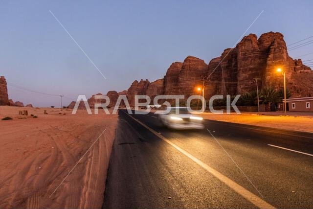 Evening view of a road near Al Ula, Saudi Arabia