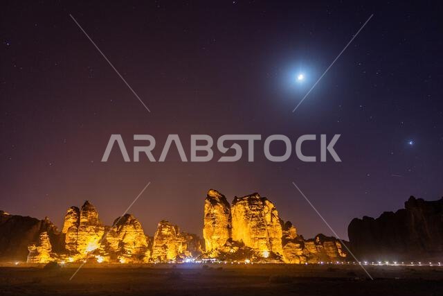 Night view of rock formations near Al Ula, Saudi Arabia