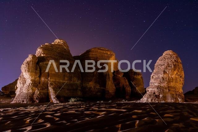 Night view of rock formations near Al Ula, Saudi Arabia