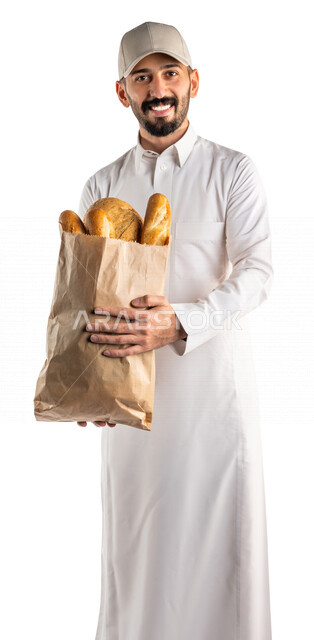 Portrait of a Saudi Arabian Gulf man delivering orders, express delivery, delivery orders, home delivery services, online ordering, food delivery services, online orders, white background
