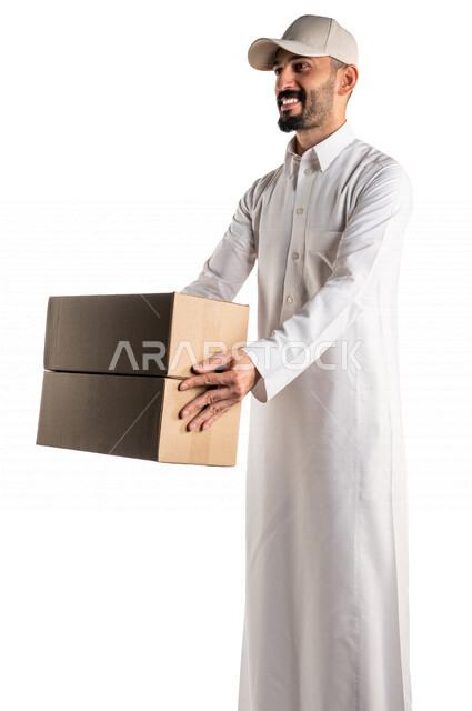 Portrait of a Saudi Arabian Gulf man delivering orders, express delivery, delivery orders, home delivery services, online ordering, food delivery services, online orders, white background