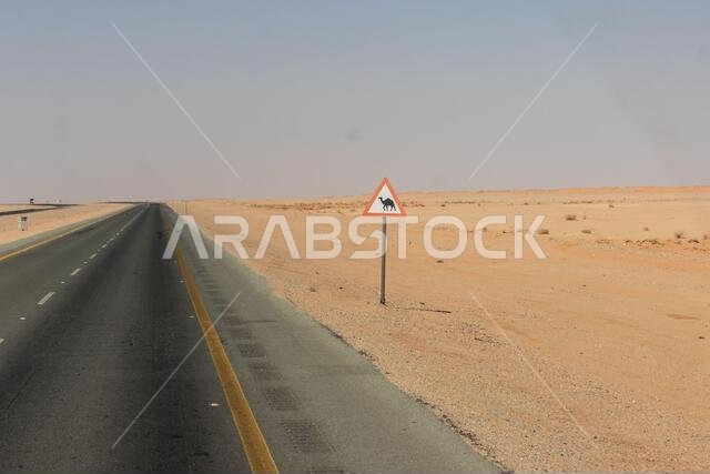 Camel warning sign on a highway in Saudi Arabia