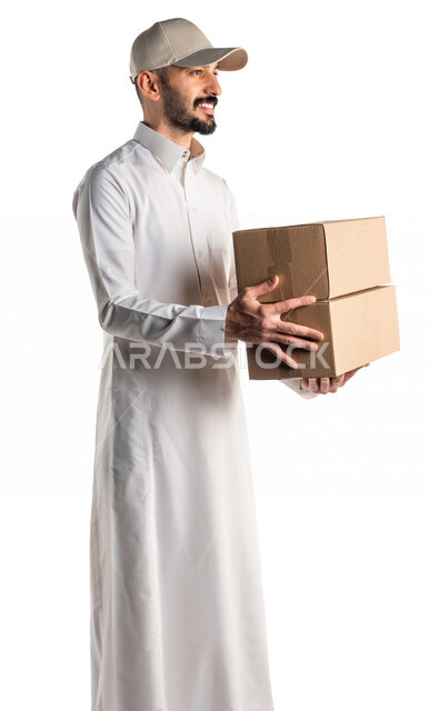 بورتريه لرجل عربي سعودي خليجي يقوم بتوصيل الطلبات, التوصيل السريع, طلبات الدليفري, خدمات التوصيل المنزلي, الطلب عبر الإنترنت, خدمات توصيل الطعام, طلبات الأونلاين, خلفيه بيضاء