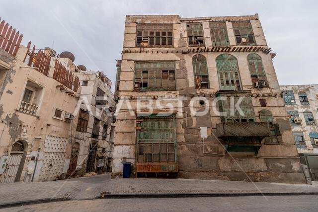 Traditional houses in Al Balad,  historic center of Jeddah, Saudi Arabia