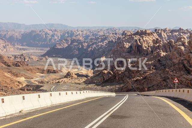 View of 8788 road descending to Wadi Disah, Saudi Arabia View of 8788 road descending to Wadi Disah, Saudi Arabia