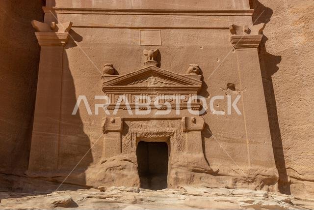 Rock cut tomb 45 in Jabal Al Banat hill at Hegra (Mada'in Salih) site near Al Ula, Saudi Arabia