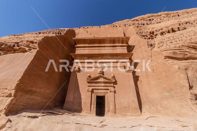Rock cut tomb 44 (Doctor's tomb) in Jabal Al Banat hill at Hegra (Mada'in Salih) site near Al Ula, Saudi Arabia