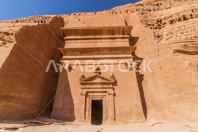 Rock cut tomb 44 (Doctor's tomb) in Jabal Al Banat hill at Hegra (Mada'in Salih) site near Al Ula, Saudi Arabia