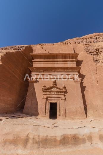 Rock cut tomb 44 (Doctor's tomb) in Jabal Al Banat hill at Hegra (Mada'in Salih) site near Al Ula, Saudi Arabia