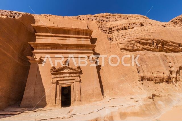 Rock cut tomb 44 (Doctor's tomb) in Jabal Al Banat hill at Hegra (Mada'in Salih) site near Al Ula, Saudi Arabia