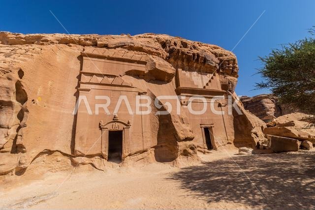 Rock cut tombs 39 and 40 in Jabal Al Banat hill at Hegra (Mada'in Salih) site near Al Ula, Saudi Arabia