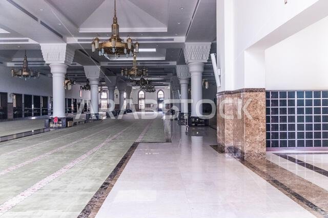 MEDINA, SAUDI ARABIA - NOVEMBER 12, 2021: Interior of Masjid al-Shuhada mosque under Uhud mountain in Medina, Saudi Arabia