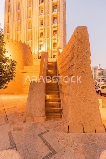 منظر مسائي لبوابة الثميري في الرياض، المملكة العربية السعودية