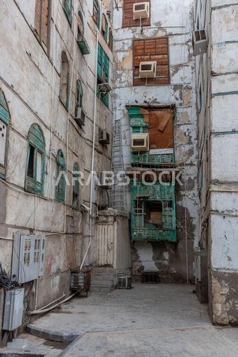 Traditional houses in Al Balad,  historic center of Jeddah, Saudi Arabia